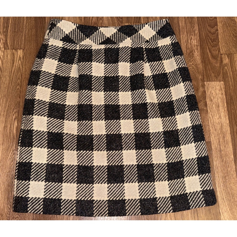 Talbots Black Cream Buffalo Check Wool Blend A-Line Skirt Italian Fabric Size 10
